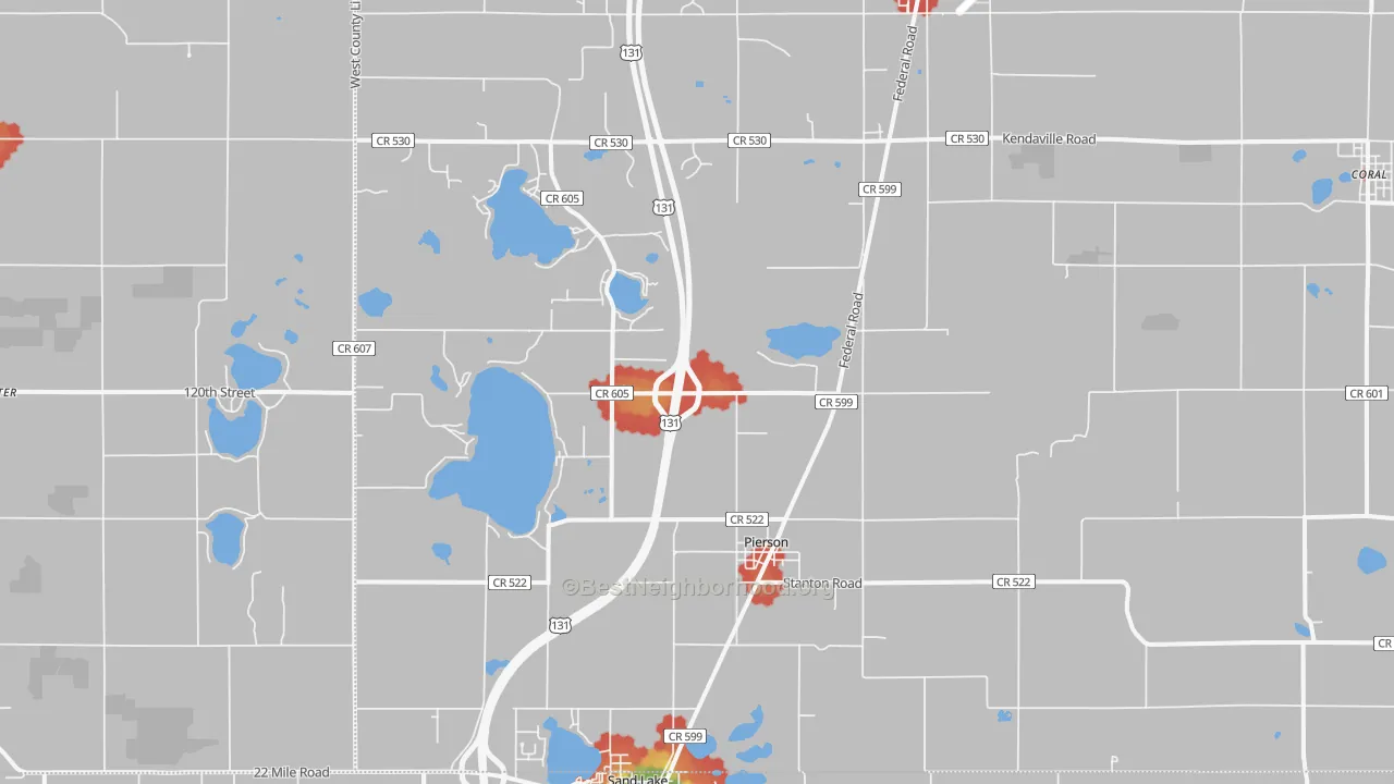 Walk Grade map of 49339, MI, walkable areas in green and car-dependent areas in red