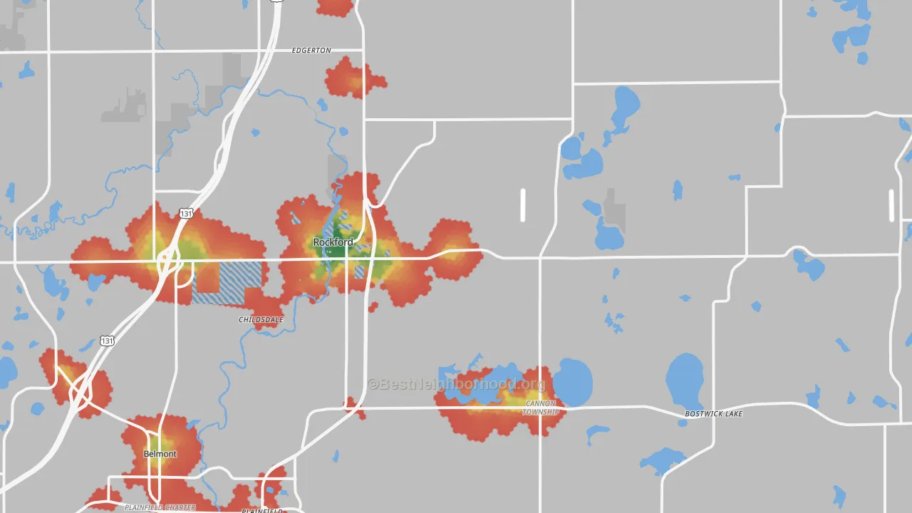 Walk Grade map of 49341, MI, walkable areas in green and car-dependent areas in red