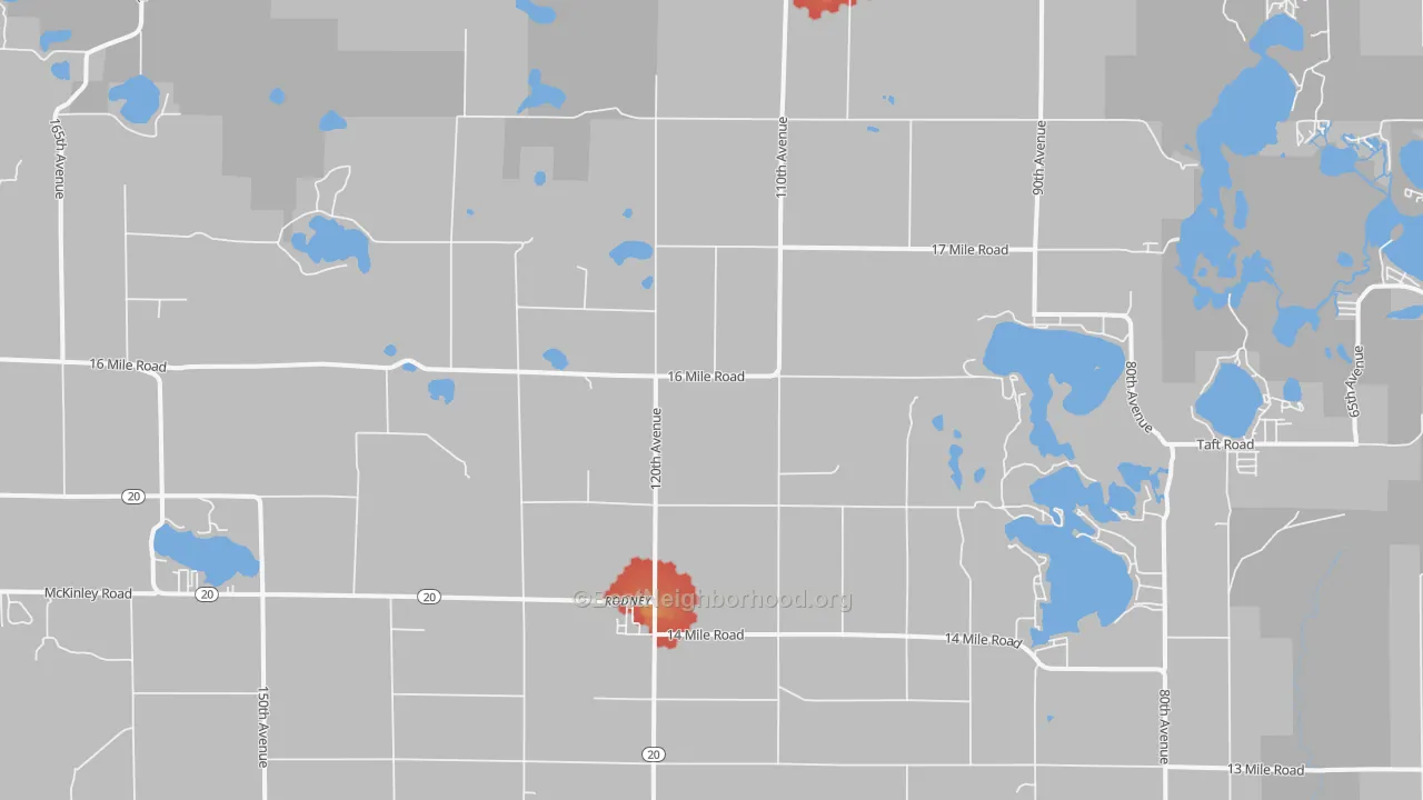 Walk Grade map of 49342, MI, walkable areas in green and car-dependent areas in red