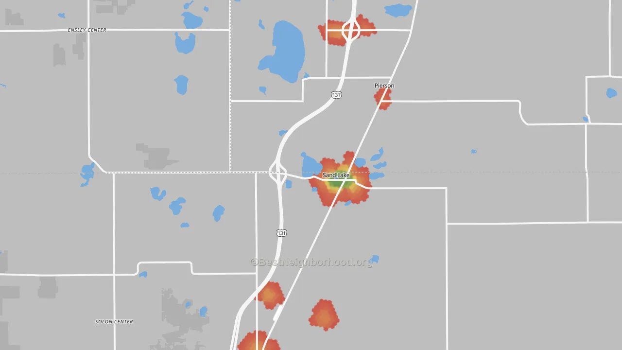 Walk Grade map of 49343, MI, walkable areas in green and car-dependent areas in red