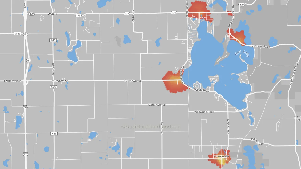 Walk Grade map of 49344, MI, walkable areas in green and car-dependent areas in red
