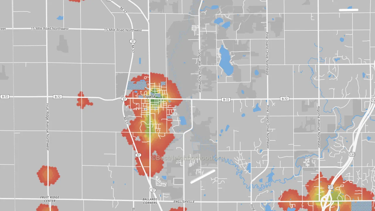 Walk Grade map of 49345, MI, walkable areas in green and car-dependent areas in red