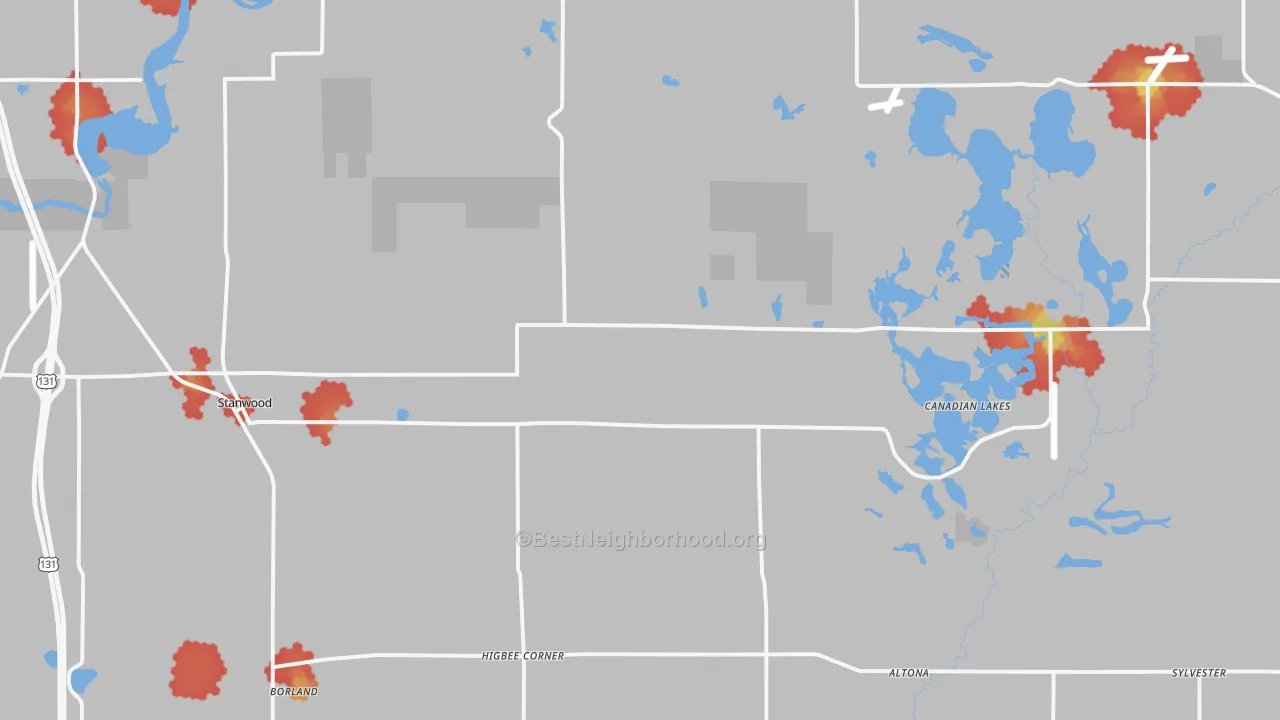 Walk Grade map of 49346, MI, walkable areas in green and car-dependent areas in red