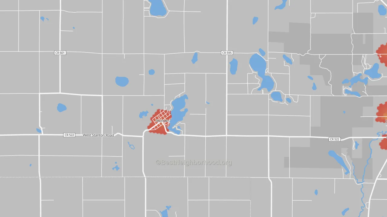 Walk Grade map of 49347, MI, walkable areas in green and car-dependent areas in red
