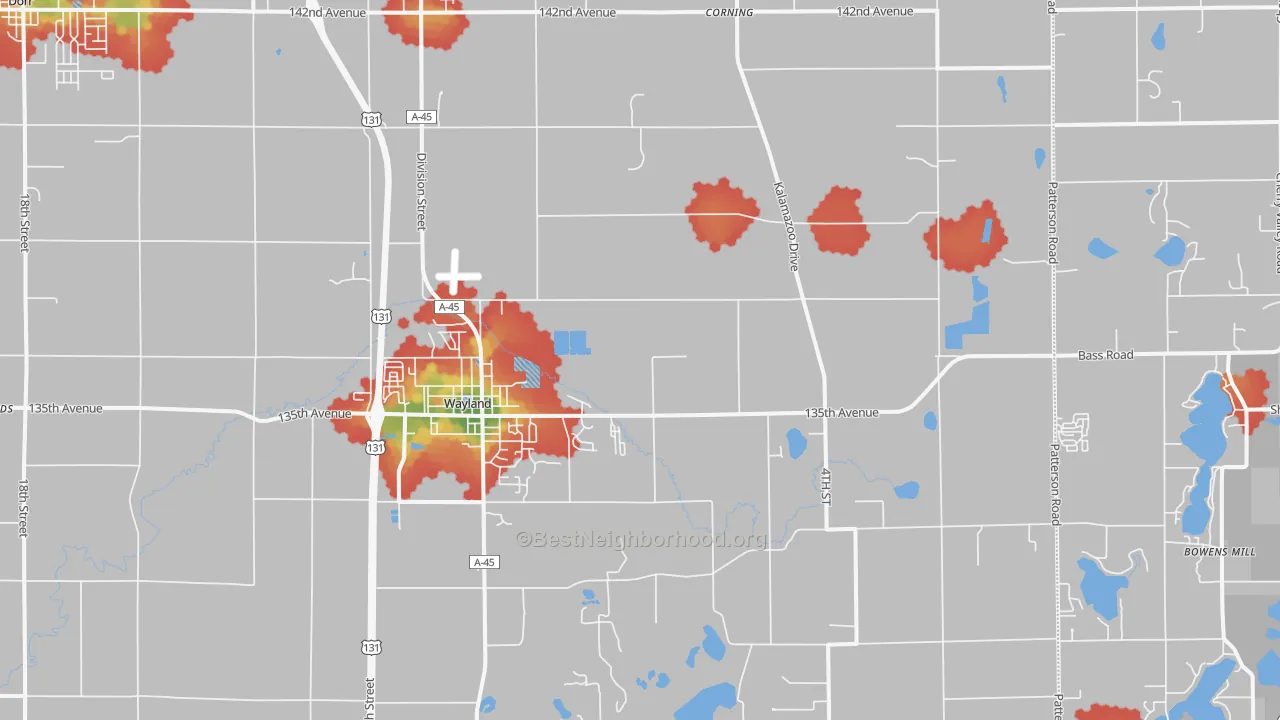 Walk Grade map of 49348, MI, walkable areas in green and car-dependent areas in red