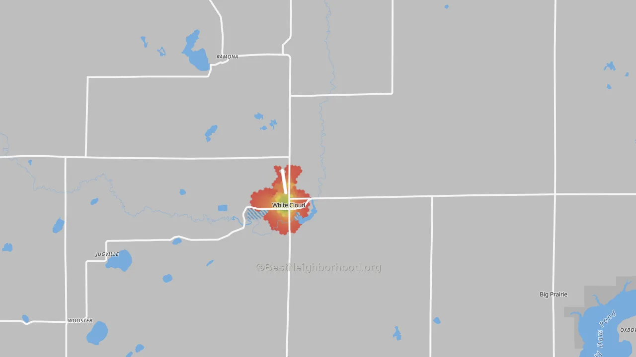 Walk Grade map of 49349, MI, walkable areas in green and car-dependent areas in red