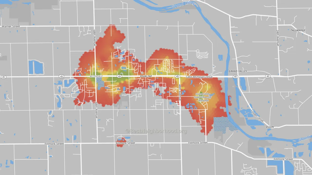 Walk Grade map of 49401, MI, walkable areas in green and car-dependent areas in red
