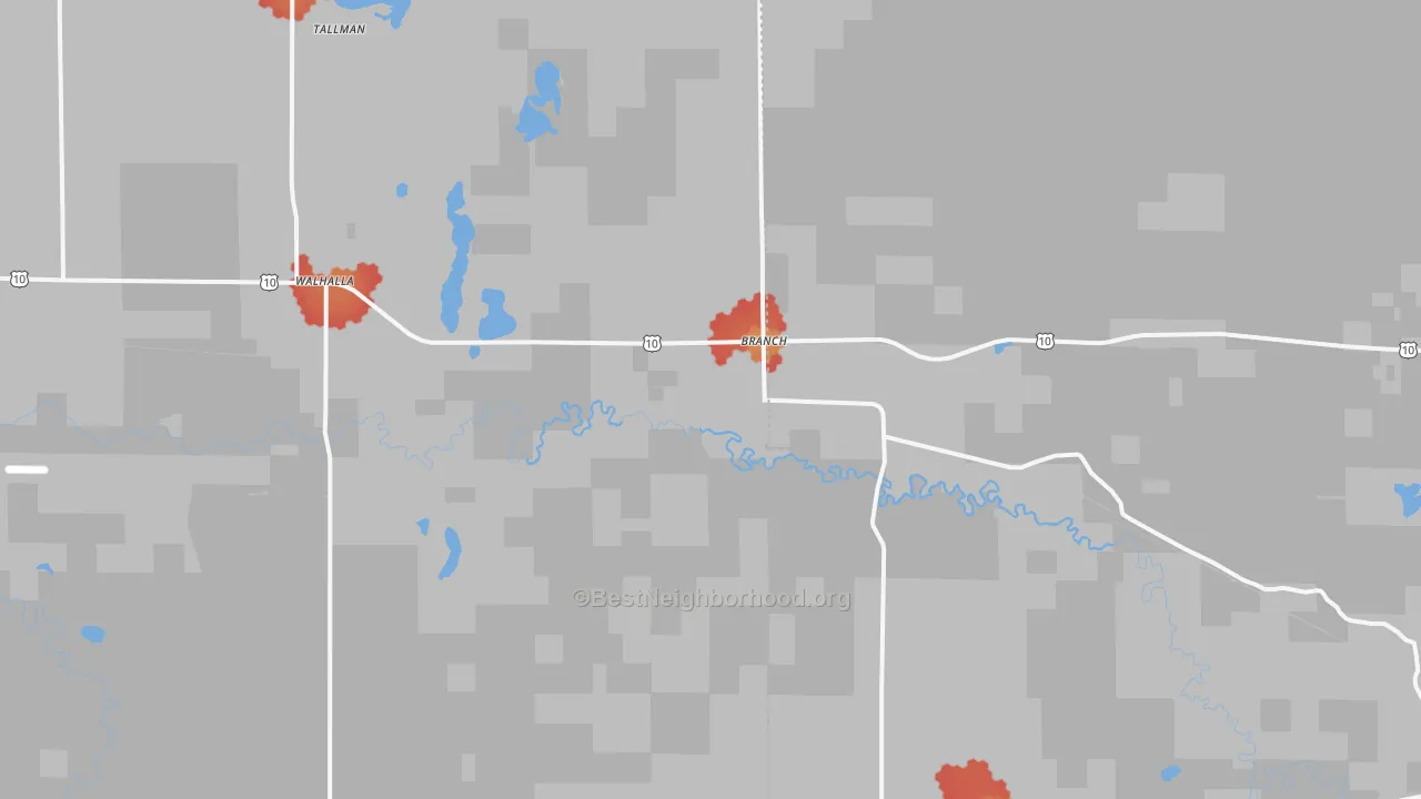 Walk Grade map of 49402, MI, walkable areas in green and car-dependent areas in red