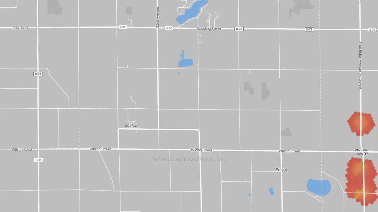 Walk Grade map of 49403, MI, walkable areas in green and car-dependent areas in red