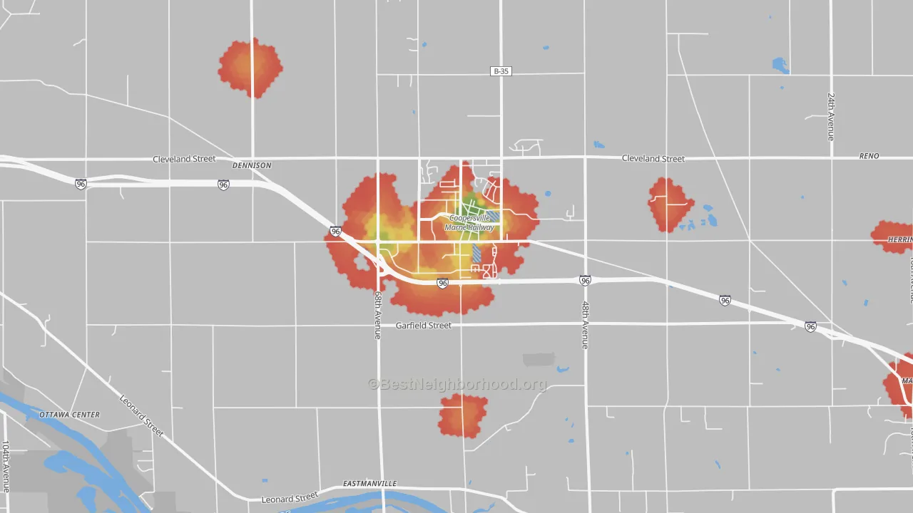Walk Grade map of 49404, MI, walkable areas in green and car-dependent areas in red