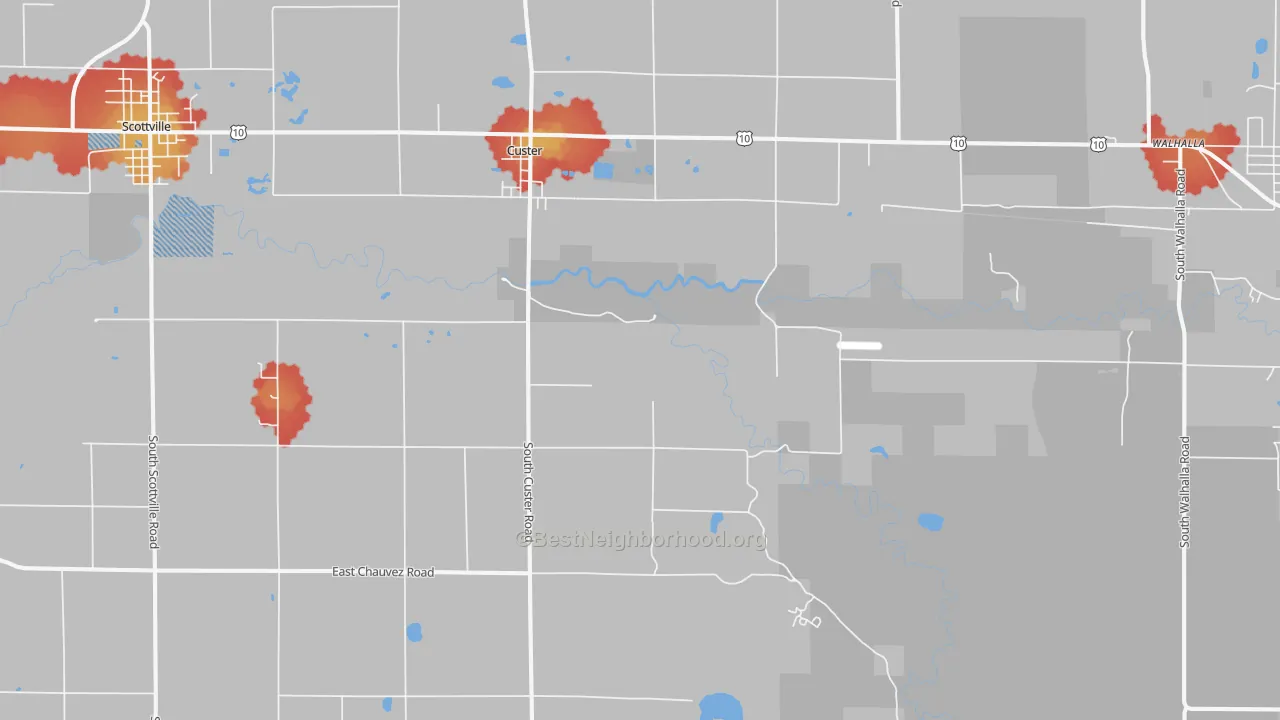 Walk Grade map of 49405, MI, walkable areas in green and car-dependent areas in red