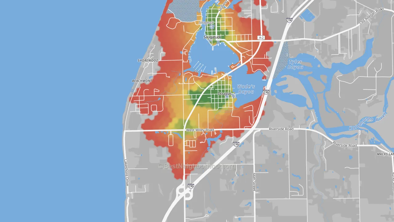 Walk Grade map of 49406, MI, walkable areas in green and car-dependent areas in red