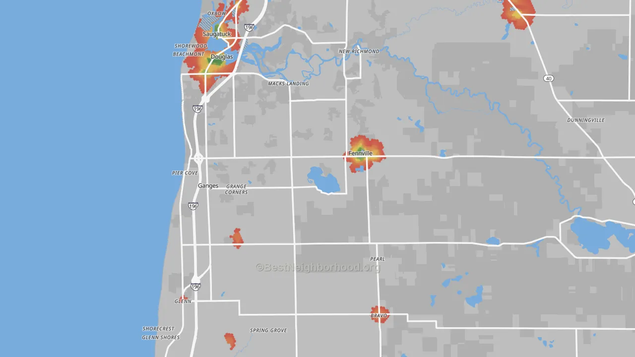 Walk Grade map of 49408, MI, walkable areas in green and car-dependent areas in red