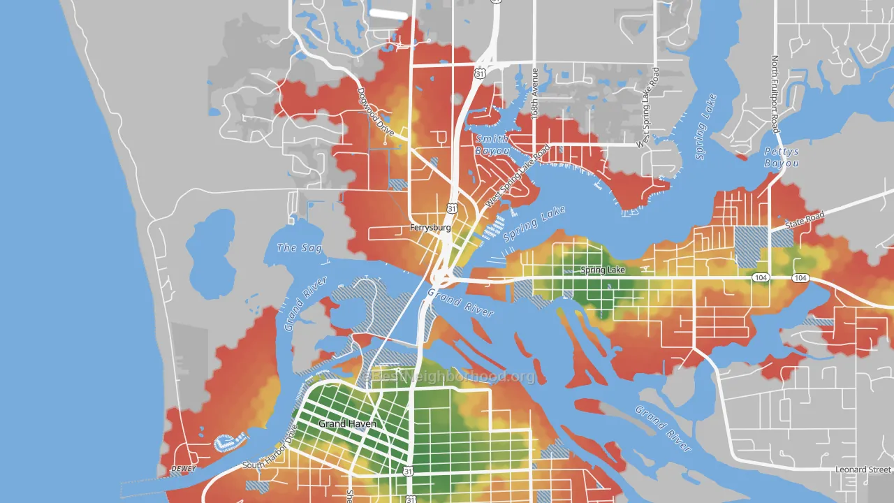 Walk Grade map of 49409, MI, walkable areas in green and car-dependent areas in red