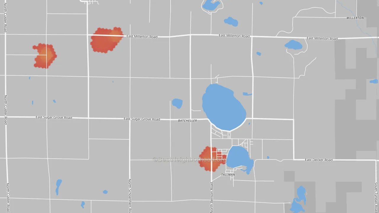 Walk Grade map of 49410, MI, walkable areas in green and car-dependent areas in red