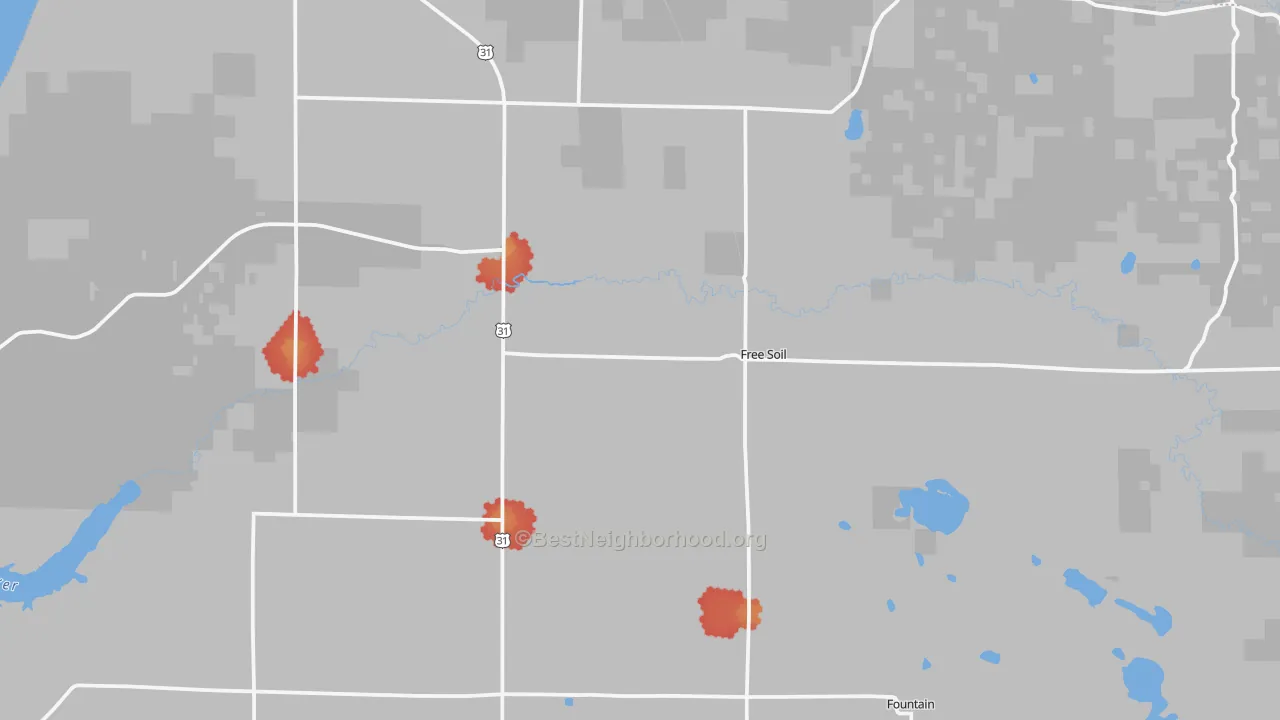 Walk Grade map of 49411, MI, walkable areas in green and car-dependent areas in red