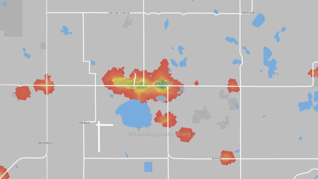 Walk Grade map of 49412, MI, walkable areas in green and car-dependent areas in red