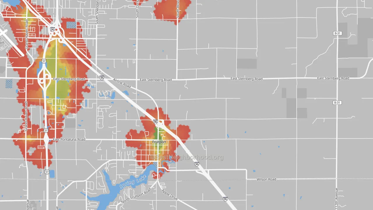 Walk Grade map of 49415, MI, walkable areas in green and car-dependent areas in red