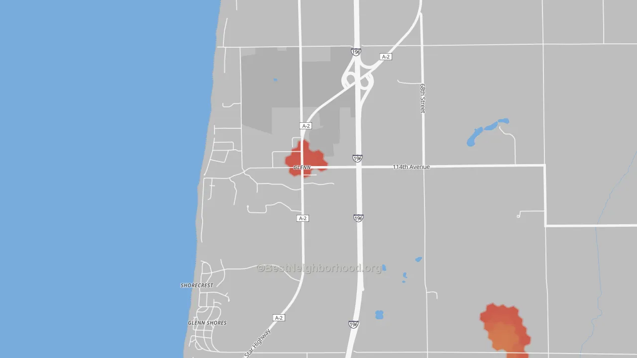 Walk Grade map of 49416, MI, walkable areas in green and car-dependent areas in red
