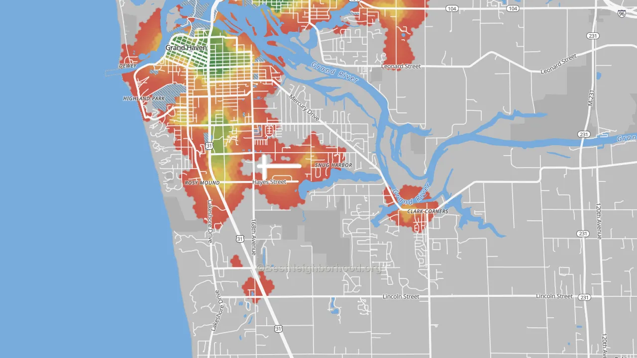 Walk Grade map of 49417, MI, walkable areas in green and car-dependent areas in red