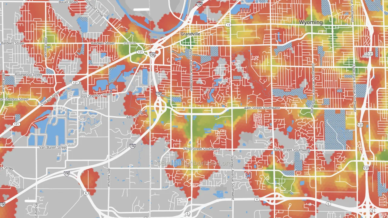 Walk Grade map of 49418, MI, walkable areas in green and car-dependent areas in red