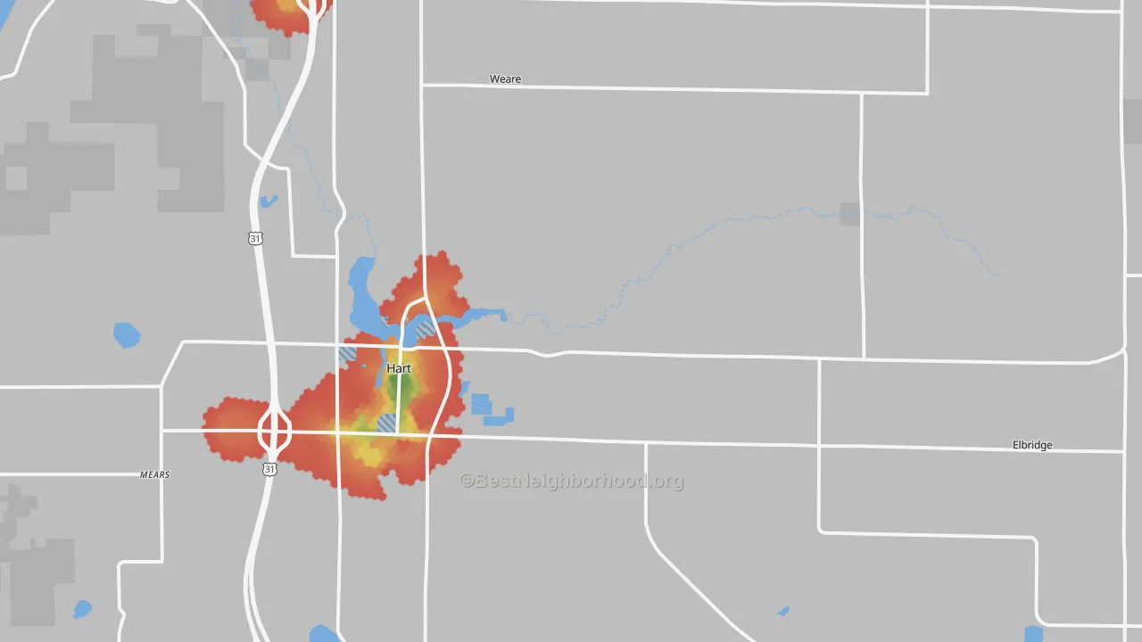 Walk Grade map of 49420, MI, walkable areas in green and car-dependent areas in red