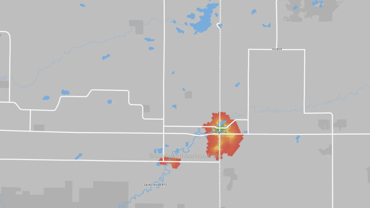 Walk Grade map of 49421, MI, walkable areas in green and car-dependent areas in red