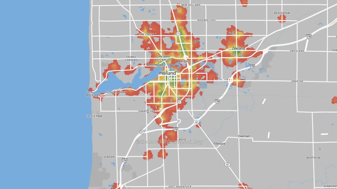 Walk Grade map of 49423, MI, walkable areas in green and car-dependent areas in red