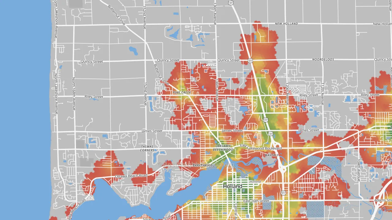 Walk Grade map of 49424, MI, walkable areas in green and car-dependent areas in red