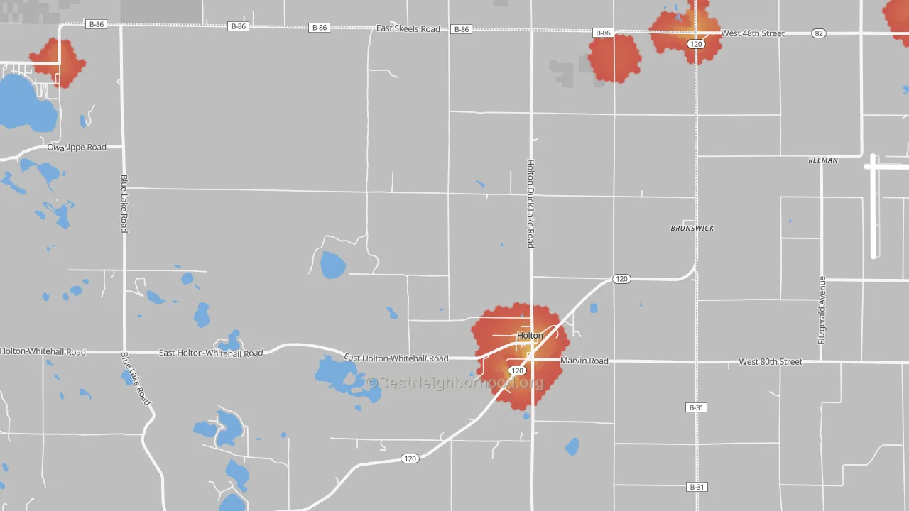 Walk Grade map of 49425, MI, walkable areas in green and car-dependent areas in red