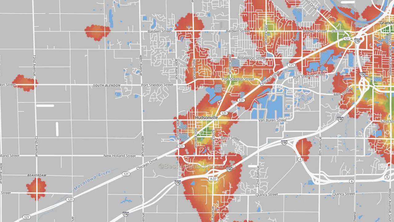 Walk Grade map of 49426, MI, walkable areas in green and car-dependent areas in red