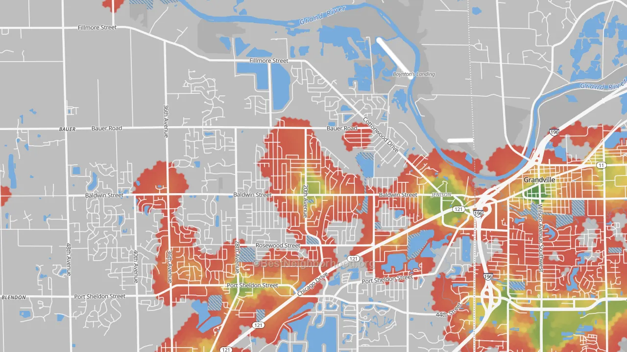 Walk Grade map of 49428, MI, walkable areas in green and car-dependent areas in red