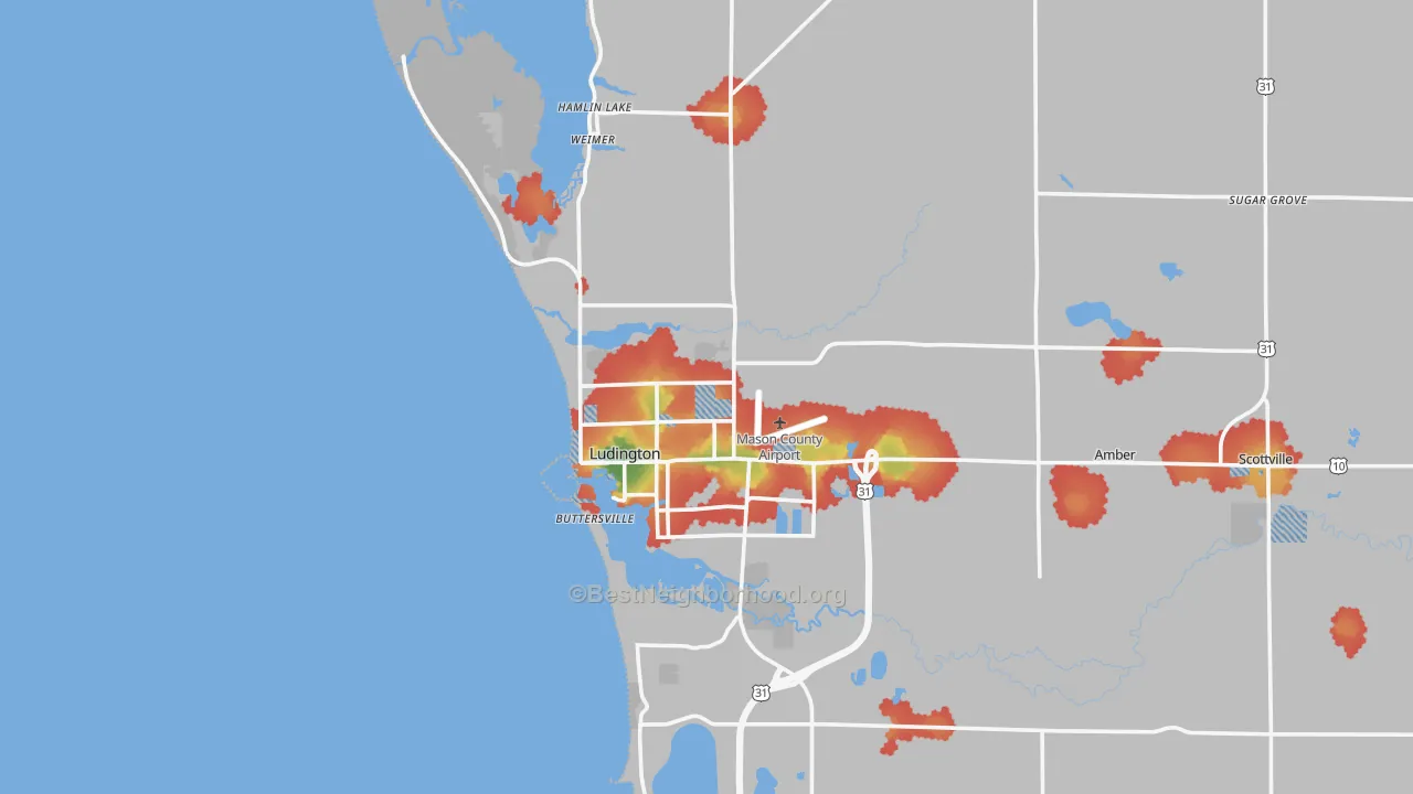 Walk Grade map of 49431, MI, walkable areas in green and car-dependent areas in red