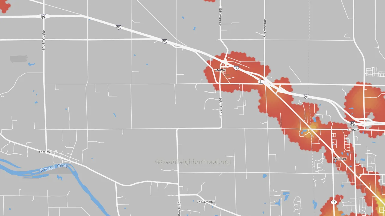 Walk Grade map of 49435, MI, walkable areas in green and car-dependent areas in red