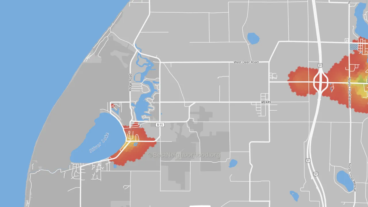 Walk Grade map of 49436, MI, walkable areas in green and car-dependent areas in red
