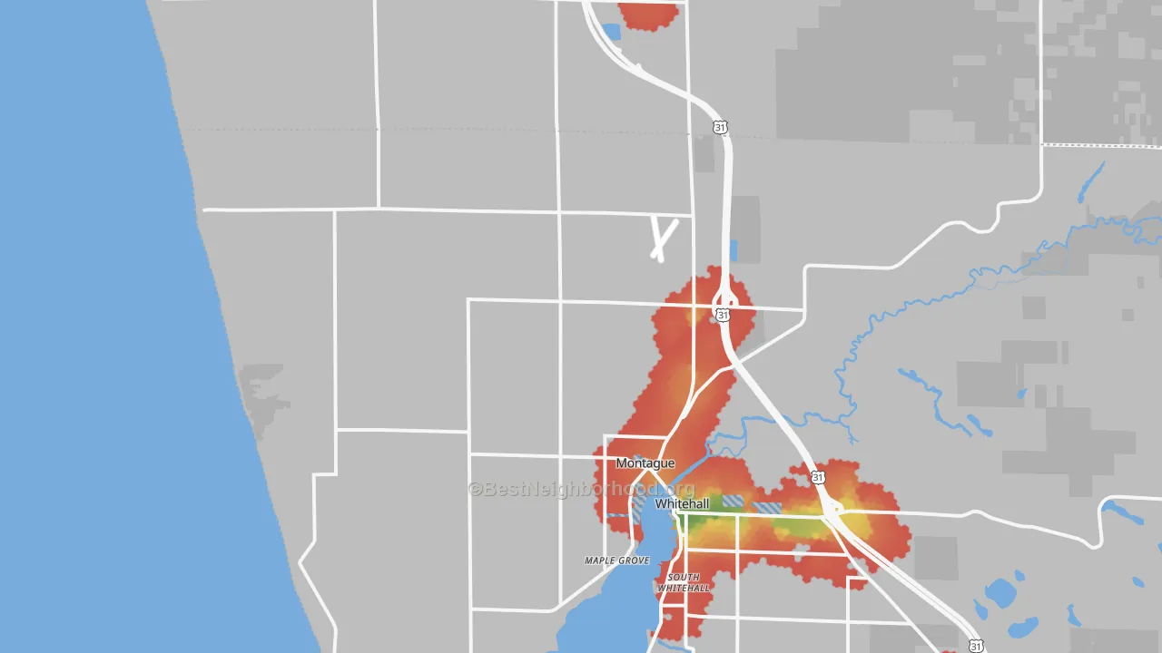 Walk Grade map of 49437, MI, walkable areas in green and car-dependent areas in red
