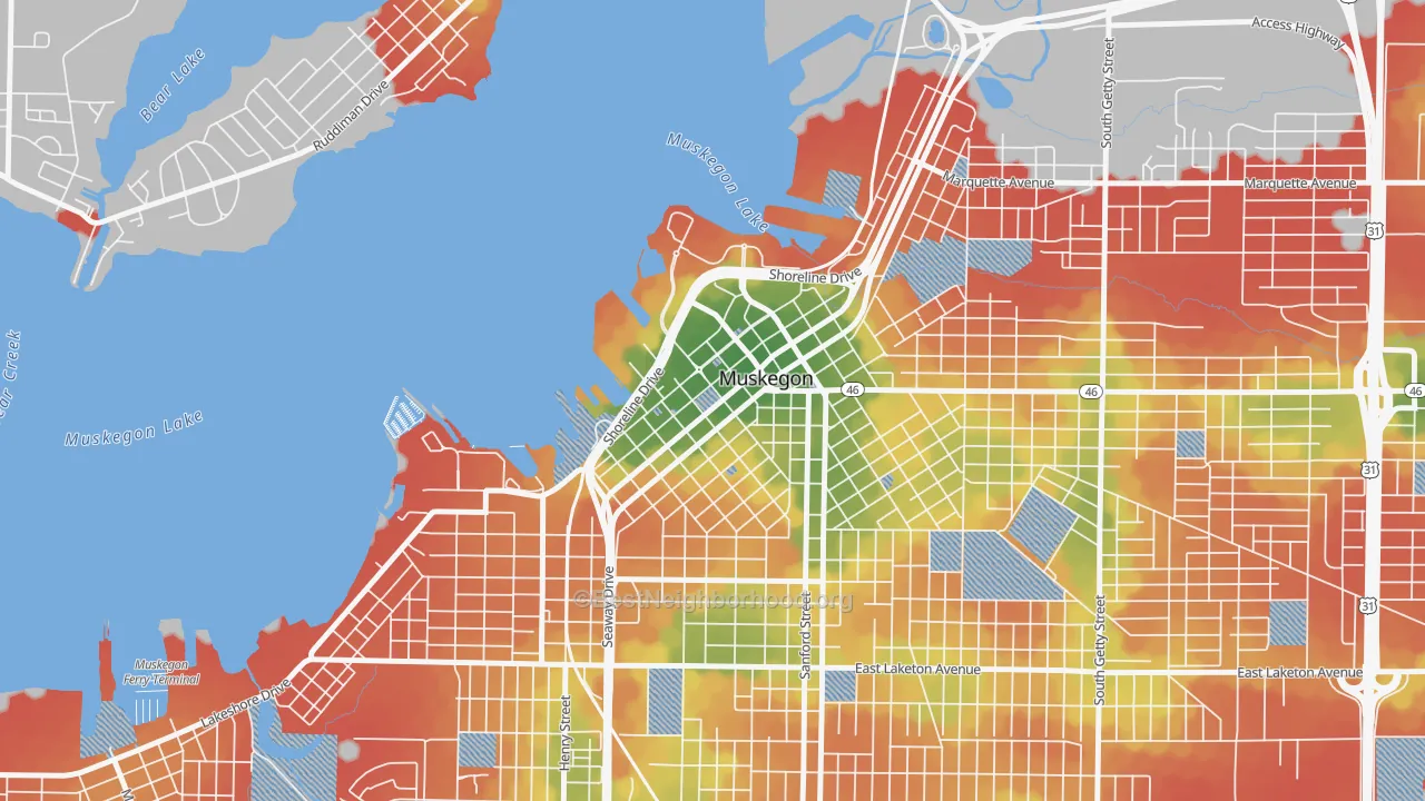Walk Grade map of 49440, MI, walkable areas in green and car-dependent areas in red