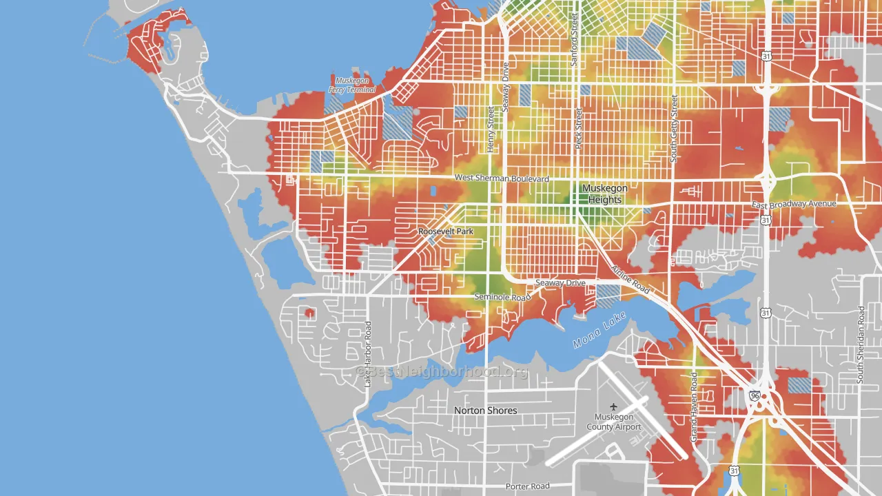 Walk Grade map of 49441, MI, walkable areas in green and car-dependent areas in red