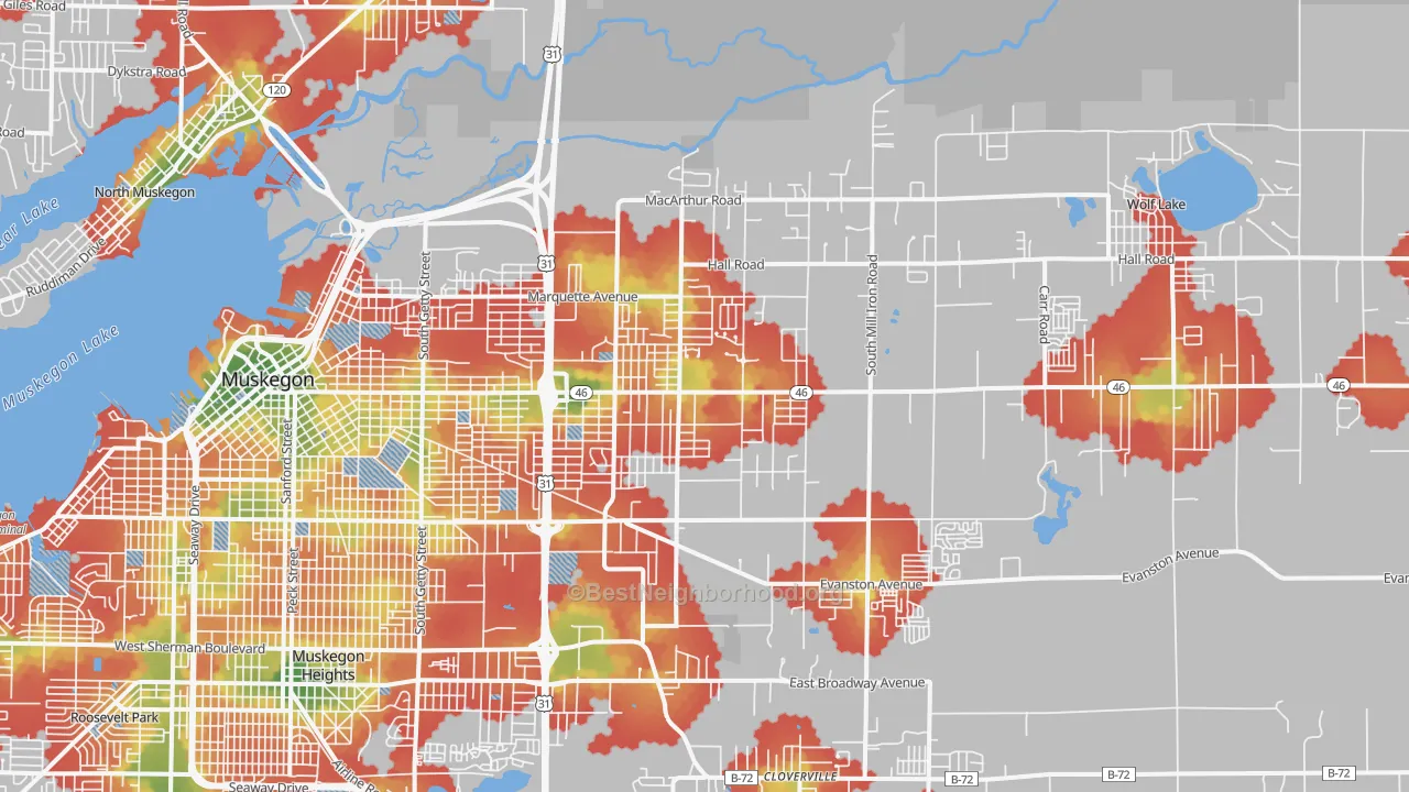 Walk Grade map of 49442, MI, walkable areas in green and car-dependent areas in red