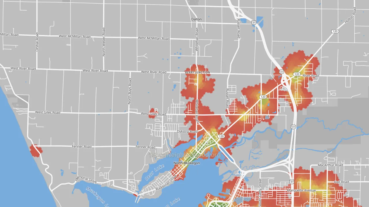 Walk Grade map of 49445, MI, walkable areas in green and car-dependent areas in red