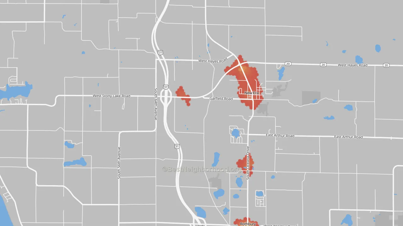 Walk Grade map of 49446, MI, walkable areas in green and car-dependent areas in red