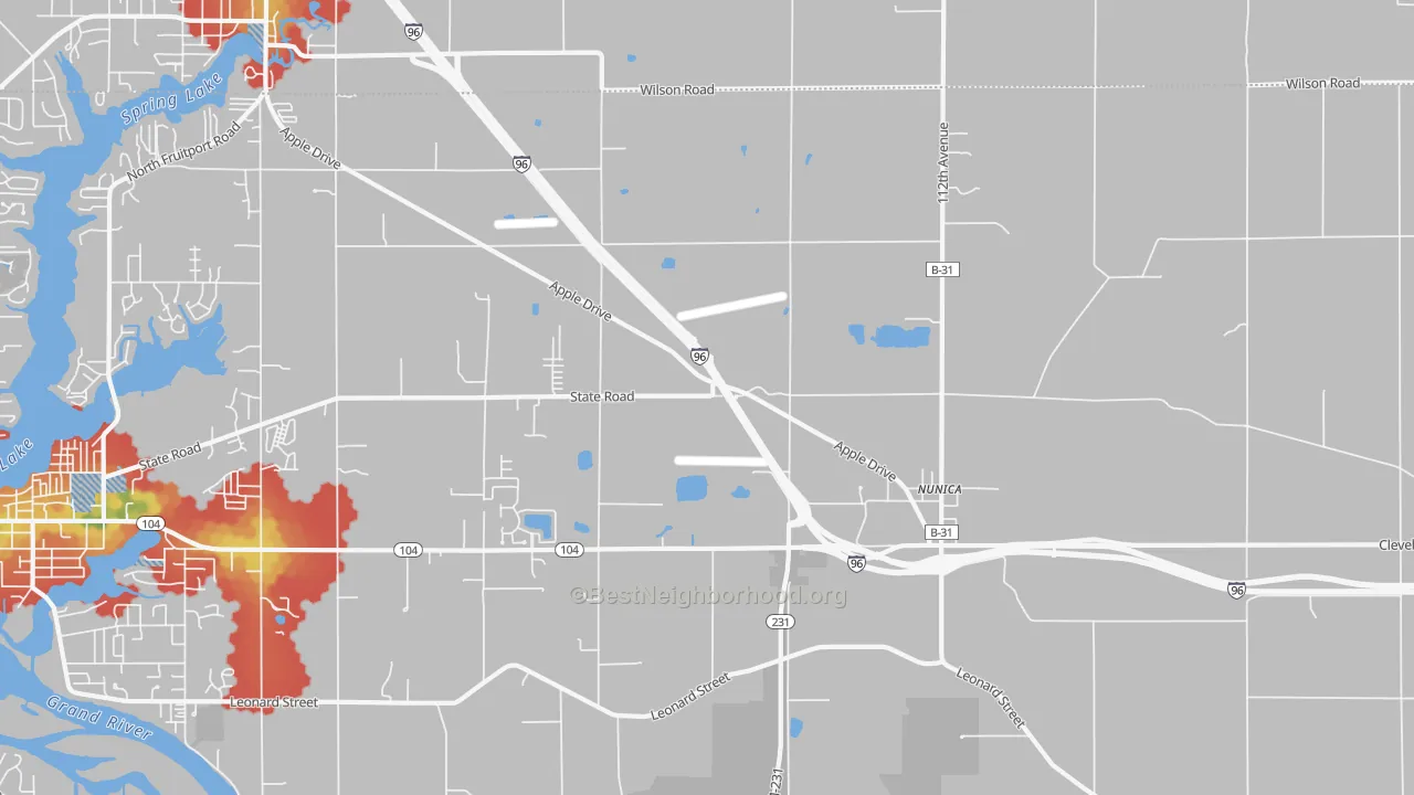 Walk Grade map of 49448, MI, walkable areas in green and car-dependent areas in red
