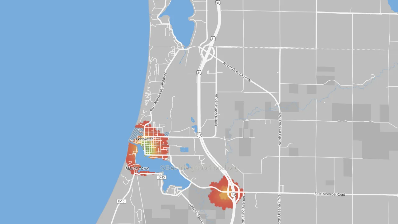Walk Grade map of 49449, MI, walkable areas in green and car-dependent areas in red