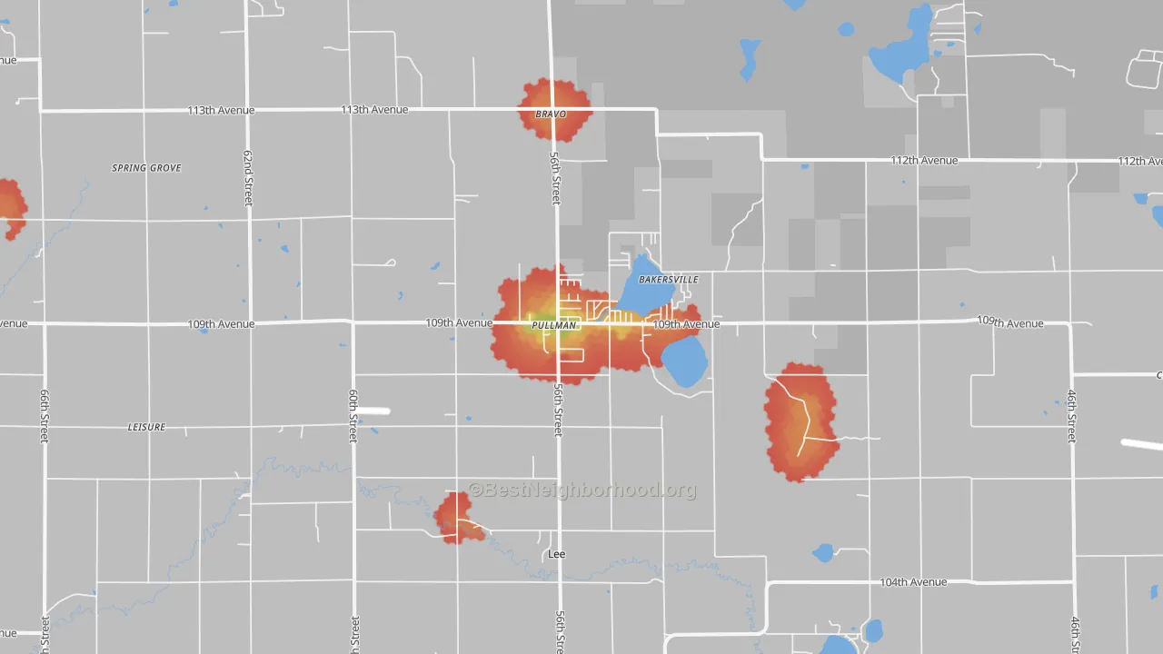 Walk Grade map of 49450, MI, walkable areas in green and car-dependent areas in red