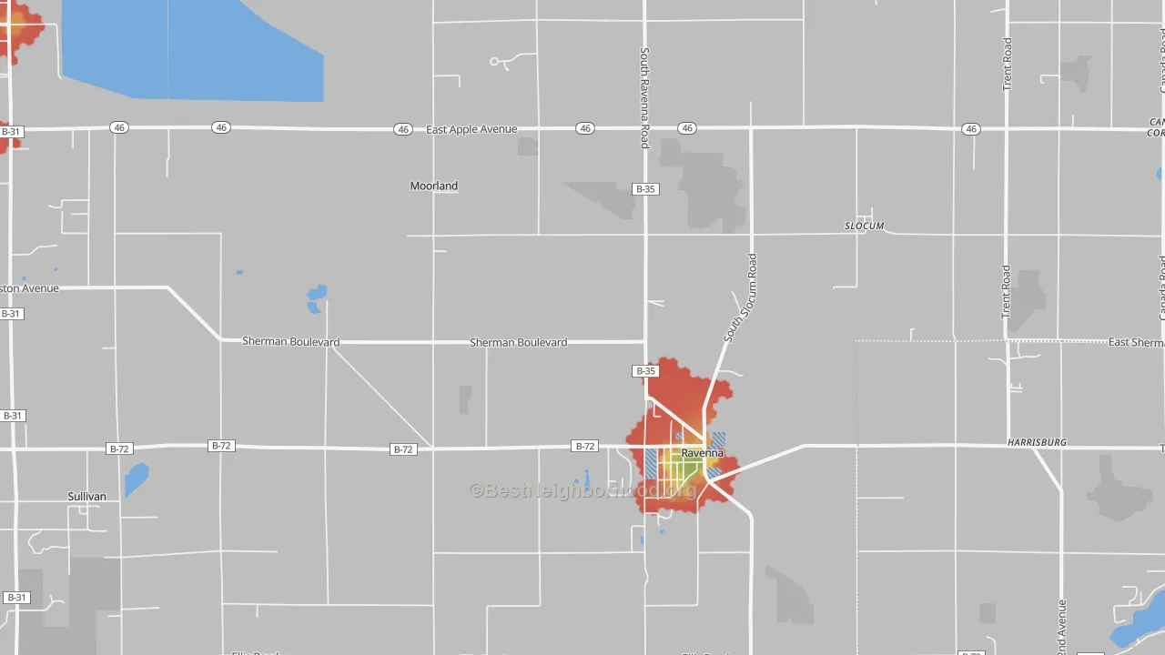 Walk Grade map of 49451, MI, walkable areas in green and car-dependent areas in red