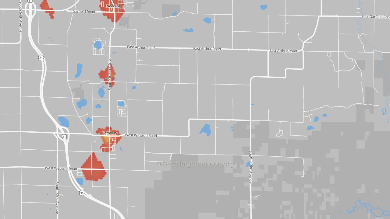 Walk Grade map of 49452, MI, walkable areas in green and car-dependent areas in red