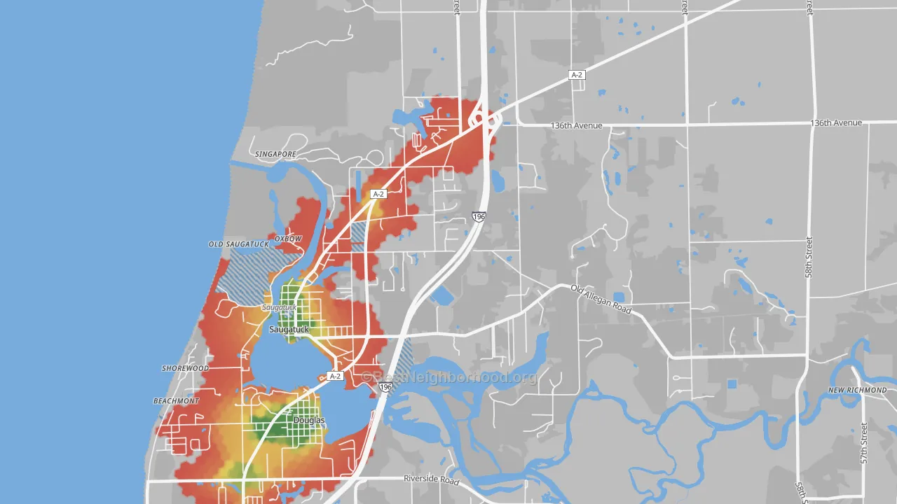 Walk Grade map of 49453, MI, walkable areas in green and car-dependent areas in red