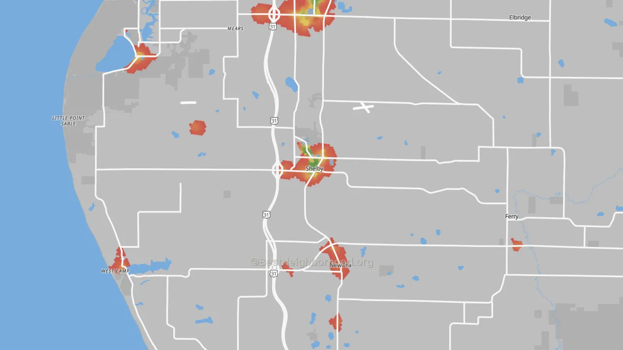 Walk Grade map of 49455, MI, walkable areas in green and car-dependent areas in red