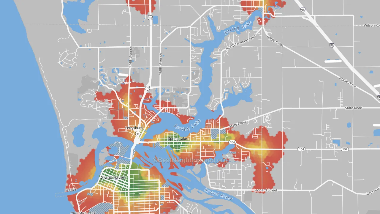 Walk Grade map of 49456, MI, walkable areas in green and car-dependent areas in red