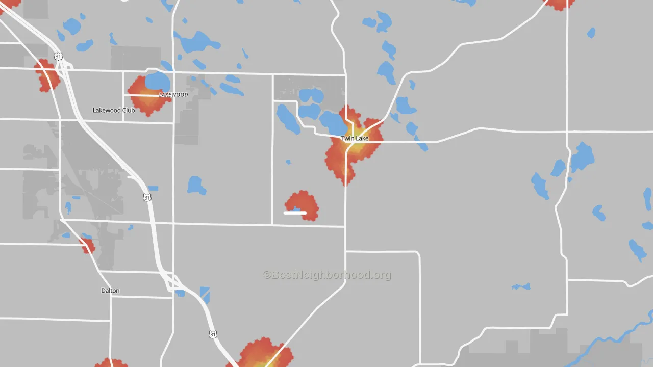 Walk Grade map of 49457, MI, walkable areas in green and car-dependent areas in red